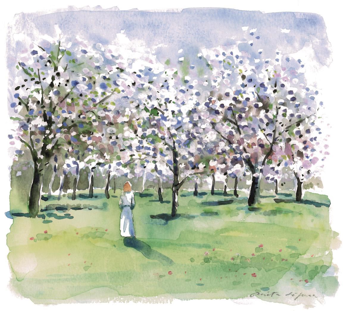En kvinna i en vit klänning gående i en grön park. Målning i akvarell.